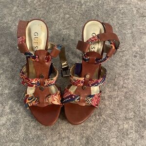 GUESS Women's Brown Heels with Multicolor Straps
